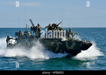 120130-N-YX920-215 CAMP LEJEUNE, North Carolina (30. Januar 2012) Riverine Befehl Boot (RCB) 802 befestigt Riverine Squadron 2 führt eine Aufklärungsmission Route während der Übung Bold Alligator 2012, der größten amphibischen Übung in den letzten 10 Jahren. Mutige Alligator stellt der Navy und des Marine Corps Revitalisierung des gesamten Spektrums der amphibische Operationen. #BA12 (Foto: U.S. Navy Mass Communication Specialist 1. Klasse Lynn Friant/freigegeben) - offizielle US Navy Bilder - Segler führt eine Aufklärungsmission Route. Stockfoto