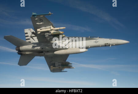 Eine F/A-18F Super Hornet zugewiesen, salzigen Hunde von Air Test und Auswertung Geschwader (VX) 23 führt ein captive Carry Testflug von einer AGM-88E Advanced Anti-Radiation Lenkflugkörper am Naval Air Station Patuxent River, Maryland (Foto: U.S. Navy: Greg L. Davis) Testflug über Naval Air Station Patuxent River 120112-N-VV898-026 Stockfoto