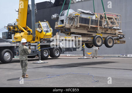 Ein Kran hebt begrenzende Vorrichtung für das TIF - 25K Aerostat-System an Bord der Military Sealift Command High-Speed-Boot Swift (HSV-2) an der Naval Air Station Key West, Florida, 22. April 2013, in Vorbereitung für die Prüfung auf See für künftige Betrieb Martillo Missionen. Martillo ist ein gemeinsamer, ressortübergreifende und multinationale Gemeinschaftsprojekt, transnationale kriminelle Organisationen Luft- und Seeverkehr Zugriff auf die küstennahe Regionen des mittelamerikanischen Isthmus zu verweigern. (U.S. Navy Photo von Lt. CMdR Corey Barker/freigegeben) Martillo 130422-N-IC228-003 Stockfoto