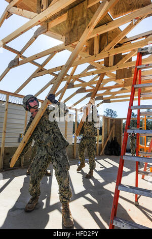 CAMP SHELBY, Frl. (17. Februar 2013) Seabees zugewiesen, Naval Mobile Bau Bataillon (NMCB) 15 herausdrücken Überdachung, wie sie eine Meer Hütte während ihrer abschließenden Bewertung Problem (FEP) vor der Bereitstellung zu dekonstruieren. FEP dient zum trainieren und bewerten Seabees auf verschiedene Szenarien, die sie gegenüberstellen können. NMCB-15 wird mobilisiert, Unterstützung der Operation Enduring Freedom und ist ein Expeditionskorps Element der US Naval Forces, die als Kampf-Ingenieure agieren und unterstützt verschiedene Einheiten weltweit durch nationale Kraft Bereitschaft, humanitäre Hilfe und Gebäude und Infrastruktur. (U.S. Navy Photo von Masse Comm Stockfoto