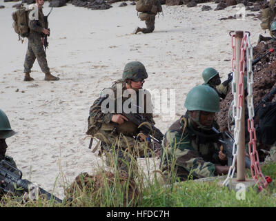 Senegal (14. September 2013) - Marines, eine internationale Marine-Task-Force der USA vertreten, niederländischen, spanischen und britischen Servicemembers und Senegalesen Kräfte sicher einen Strand während der Durchführung einer amphibischen Landung auf einem senegalesischen naval Base. Die Veranstaltung fällt mit der Royal Netherlands Navy Landung Plattform Dock HNLMS Rotterdam (L800) Afrika Winde Bereitstellung und ihre unterstützenden Bemühungen um Afrika Partnerschaft Station (APS). Nun im sechsten Jahr ist APS eine internationale Zusammenarbeit Sicherheitsinitiative zur Stärkung der globalen maritimen Partnerschaften durch Ausbildung und kollaborative acti Stockfoto