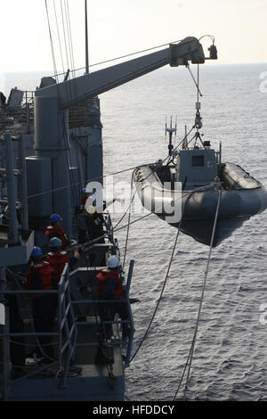 Wie prüfen Sie einen Teil einer Wartung im Mittelmeer 20. Oktober 2014 niedriger US Navy Matrosen auf die geführte Raketen Fregatte USS Samuel B. Roberts (FFG-58) ein Festrumpf Schlauchboot. (US Navy Foto von Ensign Evan Albright/freigegeben) US Navy Matrosen auf die geführte Raketen Fregatte USS Samuel B. Roberts (FFG-58) ein Festrumpf Schlauchboot zu senken, als Teil einer Wartung überprüfen im Mittelmeer 20. Oktober 2014 141020-N-KT328-001 Stockfoto