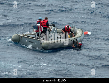 120921-N-NL541-198. Karibik (21. September 2012) Segler, die Oliver Hazard Perry-Klasse geführte Raketen Fregatte USS Underwood (FFG 36) zugewiesen verwenden ein Festrumpf Schlauchboot (RHIB) um eine BQM-74E-Drohne nach einer live-Feuer-Drohne Übung wiederherzustellen. Underwood beteiligt UNITAS Atlantic 53-2012, eine kombinierte Südamerika und USA 4. Flotte geförderte jährliche Übung, die Teilnehmer aus Brasilien, Kanada, Kolumbien, Dominikanische Republik, Mexiko, und dem Vereinigten Königreich und den Vereinigten Staaten (Gastgeber) enthält. (Foto: U.S. Navy Mass Communication Specialist 2. Klasse Stuart Philli Stockfoto