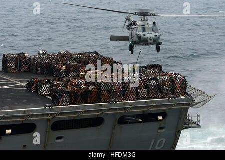 US-5TH Flotte Zuständigkeitsbereich (29. Januar 2013), die Ladung aus der Military Sealift Command ein MH-60 s Sea Hawk-Hubschrauber aus der Eightballers der Hubschrauber Meer Kampf Geschwader (HSC) 8 nimmt schnell Kampfunterstützung Schiff USNS Brücke (T-AOE 10) während einer vertikalen Nachschub. (Foto: U.S. Navy Mass Communication Specialist 2. Klasse Kenneth Abbate/freigegeben) 130129-N-OY799-153 beitreten das Gespräch http://www.facebook.com/USNavy http://www.twitter.com/USNavy http://navylive.dodlive.mil ein MH-60 s Fracht von USNS Brücke holt. (8430023450) Stockfoto