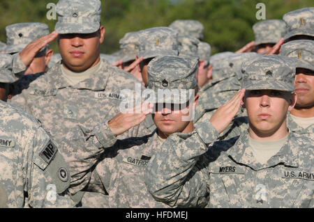 GUANTANAMO BAY, Kuba - Joint Task Force Guantanamo Soldaten Salut während "Morgen Farben" auf Cooper Feld, 16. November 2010. (JTF Guantanamo Foto von Massenkommunikation 1. Klasse David P. Coleman) Nicht KLASSIFIZIERT – für eine Veröffentlichung gelöscht. Kontaktieren Sie für weitere Informationen JTF Guantanamo PAO 011-5399-3589; DSN 660-3589 www.jtfgtmo.southcom.mil Army-Navy Geist vor Ort 344978 Stockfoto