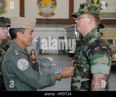 Petty Officer 1st Class William Greathouse, explosive Ordnance Disposalman von Powell, Wyoming, befestigt an Explosive Ordnance Entsorgung Mobile Unit 8, steht stramm als Vice Admiral Harry B. Harris Jr., Kommandant der US 6. Flotte pins die Bronze Star-Medaille auf der Brust. Greathouse verdient seine Bronze Star für seine Handlungen darüber hinaus den Ruf der Pflicht während der Bereitstellung zu Afghanistan in diesem Jahr zur Unterstützung der Operation Enduring Freedom. Bomben, Kugeln und Brüder 319340 Stockfoto