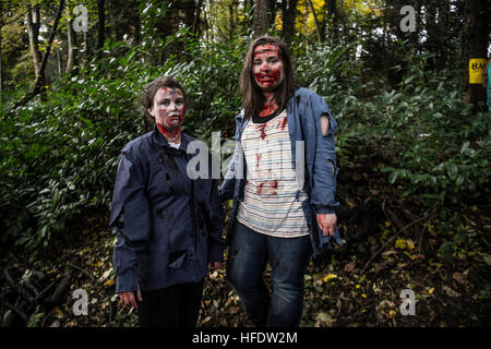 Zwei junge Frauen gekleidet und zusammengesetzt als Zombies in den Wäldern in einem "The Walking Dead Erfahrung" Live Action Rolle spielen (LARP)-Activity-Ereignisses an einem November-Nachmittag in Wäldern in der Nähe von Aberystwyth Wales UK Stockfoto