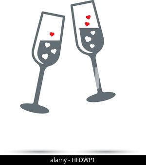 Champagner-Symbol für den Valentinstag. Rote und weiße Herzen in Toasten Gläser Sekt Stock Vektor