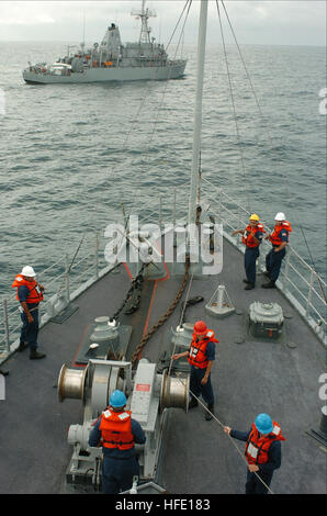 (24 JUNI 2004)  USS Scout (MCM 8), in Ingleside, Texas, Gridley führt eine Tow/be geschleppt-Übung mit USS Sentry (MCM 3) vor der Küste von Ingleside, Texas. Die routinemäßige Übung ist Teil der Grundausbildung-Pipeline vor intermediate Training für USS Scout, die nur die Verfügbarkeit einer Werft in Ingleside, Texas abgeschlossen.  Foto: JO1 (SCW/SS) James Pinsky uns Marine 040624-N-2653P-002 Grube Gegenmaßnahme Schiff USS Scout (MCM 8), führt das Werg und gezogenen Übung mit USS Sentry (MCM 3) vor der Küste von Texas Stockfoto