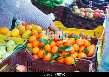 Obst überquellenden Kisten auf der Theke des lokalen Marktes, Mandarinen, Orangen, Äpfel. Eine Hand greift die Mandarinen um sie vor dem Kauf wiegen Stockfoto