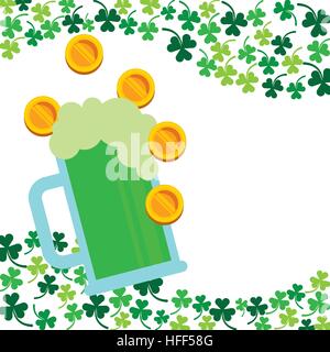 Bier-Glas und Geld Münzen über Kleeblätter und weißem Hintergrund. St. Patricks Day Konzept. farbenfrohes Design. Vektor-illustration Stock Vektor