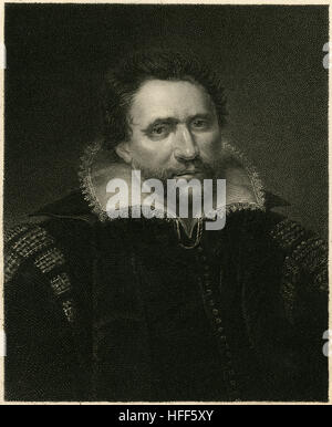 Antike c1840 Gravur, Benjamin Jonson. Ben Jonson (1572-1637) war ein englischer Dramatiker, Dichter, Schauspieler und Literaturkritiker des 17. Jahrhunderts, deren Kunstfertigkeit eine dauerhafte Auswirkung auf englische Poesie und Bühne Komödie ausgeübt. Er popularisierte die Komödie von Launen. QUELLE: ORIGINAL GRAVUR. Stockfoto