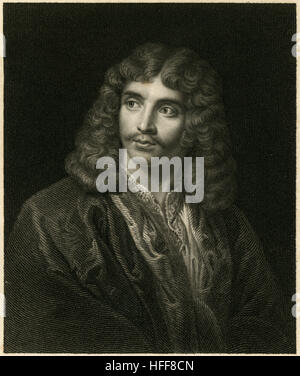 Antike c1840 Gravur von Molière. Jean-Baptiste Poquelin, bekannt unter seinem Künstlernamen Molière (1622-1673), war ein französischer Dramatiker und Schauspieler, der als einer der größten Meister der Komödie in der westlichen Literatur gilt. QUELLE: ORIGINAL GRAVUR. Stockfoto