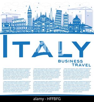 Übersicht Italien mit blauen Wahrzeichen und textfreiraum Skyline. Vektor-Illustration. Geschäftsreisen und Tourismus-Konzept mit historischer Architektur. Stock Vektor