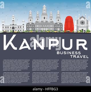 Kanpur Skyline mit grauen Gebäuden, blauer Himmel und Textfreiraum. Vektor-Illustration. Geschäftsreisen und Tourismus-Konzept mit historischer Architektur. Stock Vektor