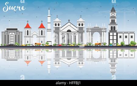 Sucre Skyline mit grauen Gebäuden, blauer Himmel und Reflexionen. Vektor-Illustration. Geschäftsreisen und Tourismus-Konzept mit historischer Architektur. Stock Vektor