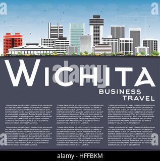 Wichita-Skyline mit grauen Gebäuden, blauer Himmel und Textfreiraum. Vektor-Illustration. Geschäftsreisen und Tourismus-Konzept mit moderner Architektur. Stock Vektor