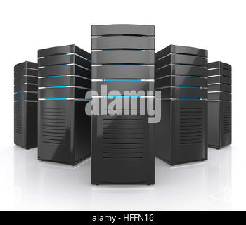 3D Darstellung der Netzwerk-Workstation-Server isoliert auf weißem Hintergrund. Stockfoto