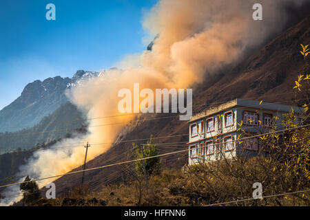 Waldbrand auf einem Hügel in den kleinen Hügel Dorf Stadt Lachung, Sikkim Indien brennen. Stockfoto