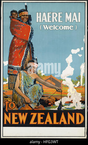 Vintage Reise-Plakat - Haere Mai (willkommen) in Neuseeland Stockfoto