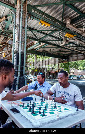 New York City, NY NYC Bronx, West Farms Square, East Tremont, Bushaltestelle, Freunde, Schwarzer Erwachsener, Erwachsene, Männer, Schach, Spiel, Brett, Spielen, NY160721061 Stockfoto