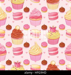 Cupcakes, Makronen, Gebäck und Herzen nahtlose Vektormuster auf rosa Hintergrund. Sankt Valentinstag romantische Dekoration. Stock Vektor