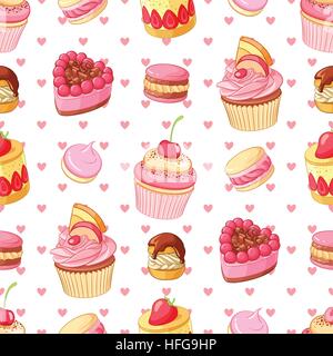 Muffins, Süßigkeiten und Gebäck nahtlose Vektormuster mit rosa Herzen. St.Valentines Tag romantische Dekoration. Stock Vektor