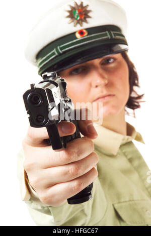 Polizistin mit dem Ziel Pistole Stockfoto