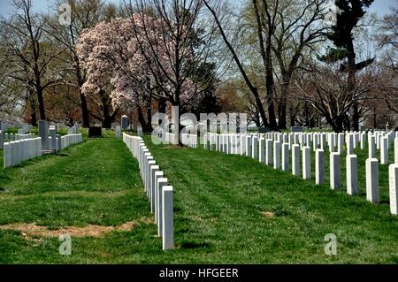 Arlington, Virginia - 12. April 2014: Ordentlich Abstand Zeile der Soldatengräber auf dem Arlington National Cemetery Stockfoto