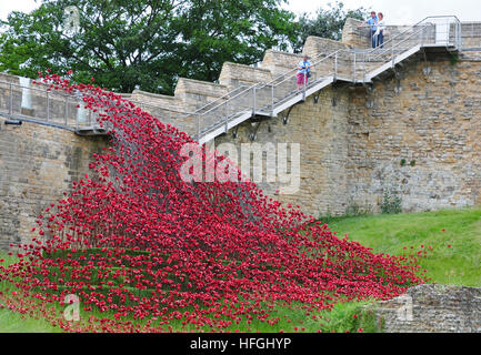 Die Mohnblume Welle bei Lincoln Castle. Künstler Paul Cummins, Designer Tom Piper. Lincoln am Schloss. Burgmauern. Stockfoto