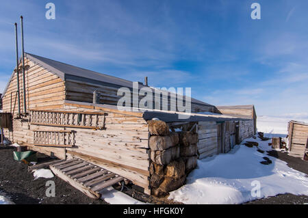 Außen Scotts Terra Nova Hütte, Cape Evans, Ross-Meer, Antarktis. Stockfoto