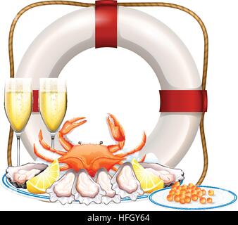 Meeresfrüchte auf Platte und zwei Gläser Champagner Illustration Stock Vektor