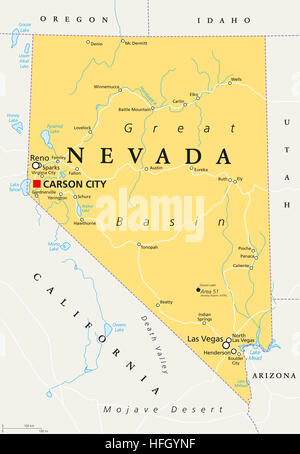 Nevada politische Karte mit Hauptstadt Carson City. Geben Sie in den West-, Mountain West und südwestlichen Regionen der USA. Stockfoto