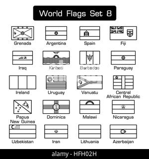 Flaggen der Welt einstellen 8. einfachen Stil und flache Bauweise. dicken Umriss. Stockfoto