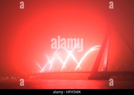 Rotterdam, Niederlande. 1. Januar 2017. Feuerwerke sind auf Erasmusbrücke in Rotterdam, die Niederlande, 1. Januar 2017 gesehen. © Gong Bing/Xinhua/Alamy Live-Nachrichten Stockfoto