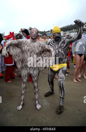 Neujahrs Tag schwimmen. "Lyme Longe", "Lyme Regis", Dorset, Großbritannien Stockfoto