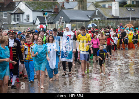 Hunderte erwies sich im Kostüm trotz Regen zur Teilnahme an der "Lyme Longe" - Tag des neuen Jahres schwimmen in Lyme Regis 2016 Stockfoto