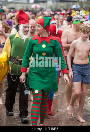 Hunderte erwies sich im Kostüm trotz Regen zur Teilnahme an der "Lyme Longe" - Tag des neuen Jahres schwimmen in Lyme Regis 2016 Stockfoto