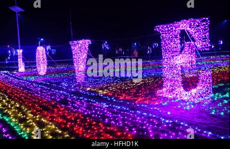 Hengshui, Chinas Provinz Hebei. 2. Januar 2017. Menschen besuchen eine Lichtshow in Jizhou Bezirk von Hengshui, Nordchinas Provinz Hebei, 2. Januar 2017. © Wang Xiao/Xinhua/Alamy Live-Nachrichten Stockfoto