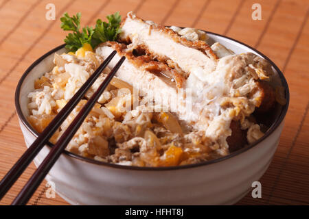 Katsudon, panierte Japanisch tief gebratene Schweineschnitzel auf gedünstetem Reis Closeup. Horizontale Stockfoto