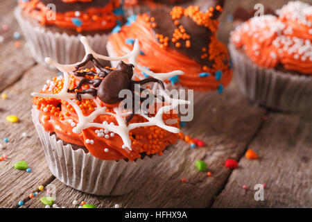 Halloween-Muffins mit Schokolade Spinne auf der Tabelle Nahaufnahme verziert. horizontale Stockfoto