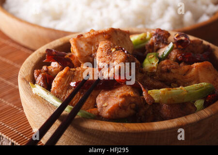 Würzige Kung Pao-Huhn in einer Schüssel-Makro. horizontale Stockfoto