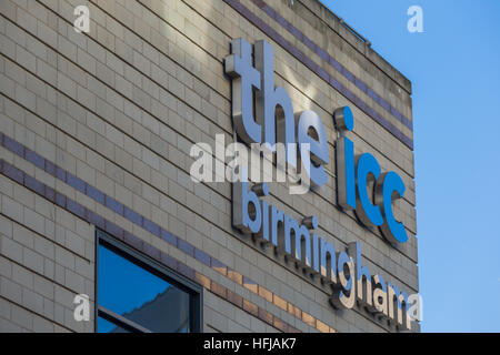 Ansicht der ICC Birmingham Zeichen auf das Gebäude, Birmingham, Großbritannien Stockfoto