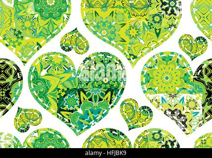 Nahtlose Muster mit Sammlung bunte grüne Herzen in Vintage Patchwork-Stil auf weißem Hintergrund. Stock Vektor