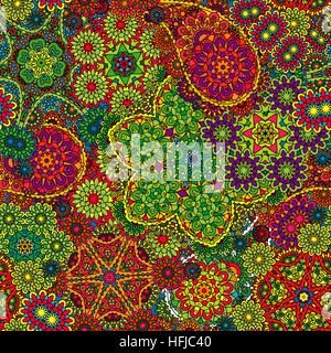 Vektor floral paisley Musterdesign. Nahtlose Muster mit Mehendi-Elementen. Bunte grün orange rot Wallpaper Hintergrund. Stock Vektor