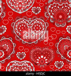 Schön verzierte nahtlose Hintergrund mit Herzen. Endlose Doodle Muster. Ornamentale Scribble Textur. Rote weiße Figur auf rotem Grund. Liebe, Geburtstag, Valentinstag, Verkauf. Vektor Stock Vektor