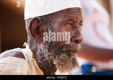 Koumban-Dorf, Guinea, 2. Mai 2015; Dieses Gebiet liegt oberhalb der geplanten Stauebene des Fomi-Damms und wird Vertriebene aufnehmen. Madjan Condé, 102 Jahre alt, bei einem Besuch bei Soryba Condé. Er sagt, das Geheimnis eines langen Lebens sei zu wissen, wie man vergibt und Geduld hat. Stockfoto