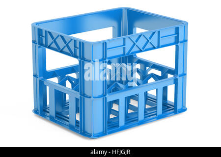 leere blaue Kunststoff-Aufbewahrungsbox, Kiste für Flaschen. 3D-Rendering isoliert auf weißem Hintergrund Stockfoto