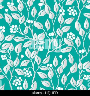 Vektor nahtlose Blumenmuster. Art-Deco-Vintage Muster mit Silber hinterlässt auf blaugrün. Handgezeichnete floralen Textur, dekorative Blumen, Malbuch Stock Vektor