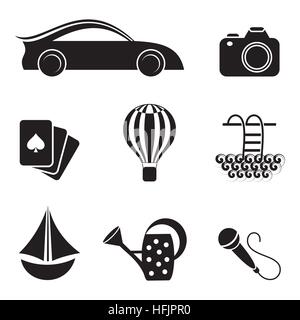 Schwarze Symbole für Hobby und Freizeit auf weißem Hintergrund Stock Vektor